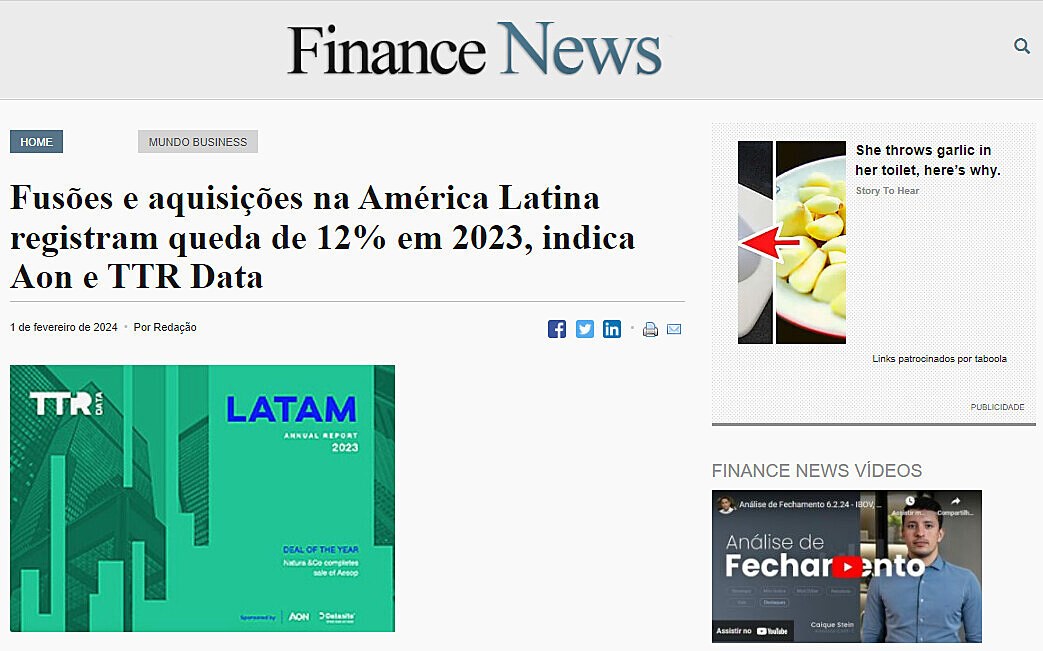 Fuses e aquisies na Amrica Latina registram queda de 12% em 2023, indica Aon e TTR Data